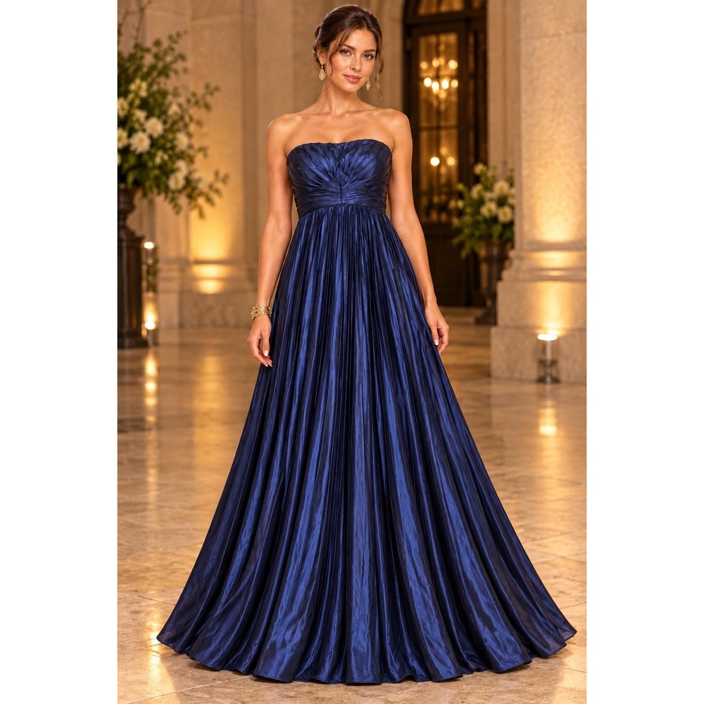NWT Formal Evening Gala Gown Dress Navy Strapless Ruched Pleated Wedding Sz 12